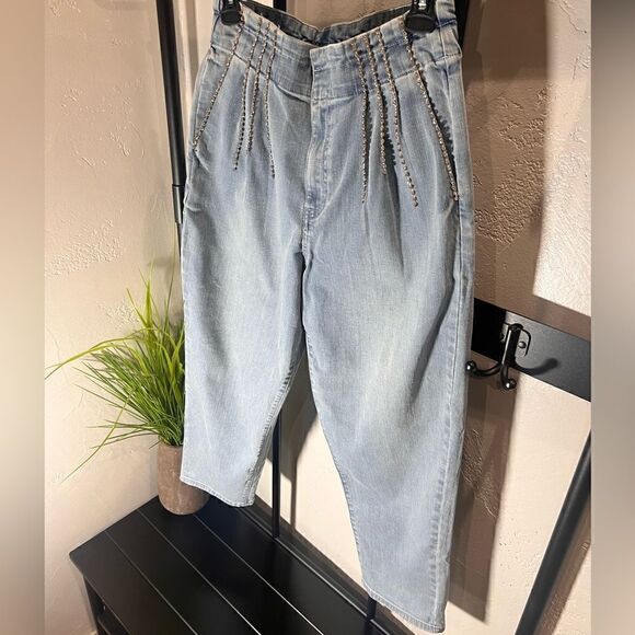 Express rhinestone tapered ankle super high rise baggy jeans size 8 - Picture 8 of 16